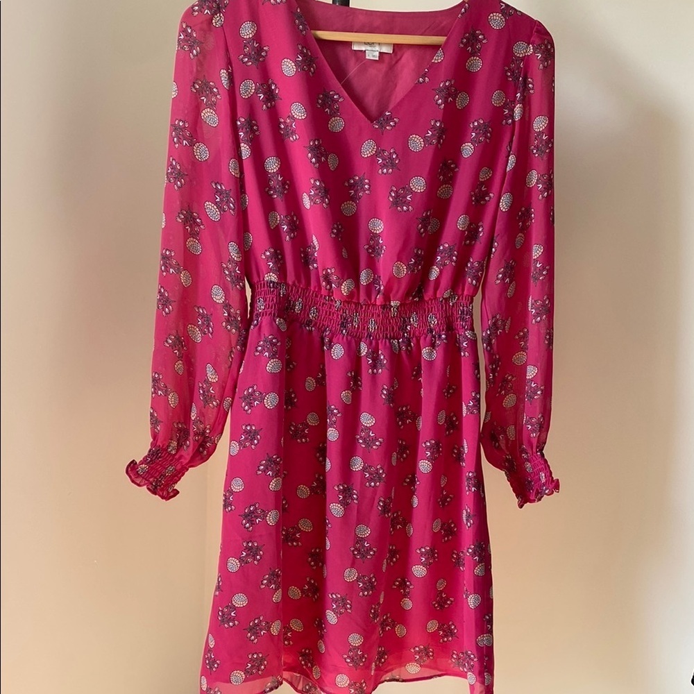 LOFT Vibrant Pink Floral V-Neck Dress